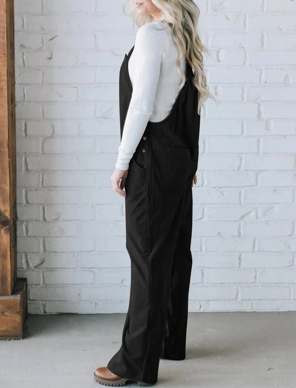 Black Solid Pocketed Loose Fit Corduroy Overall