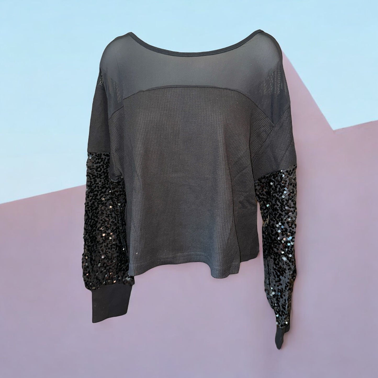 Black Waffle Knit Top with Mesh and Sequin