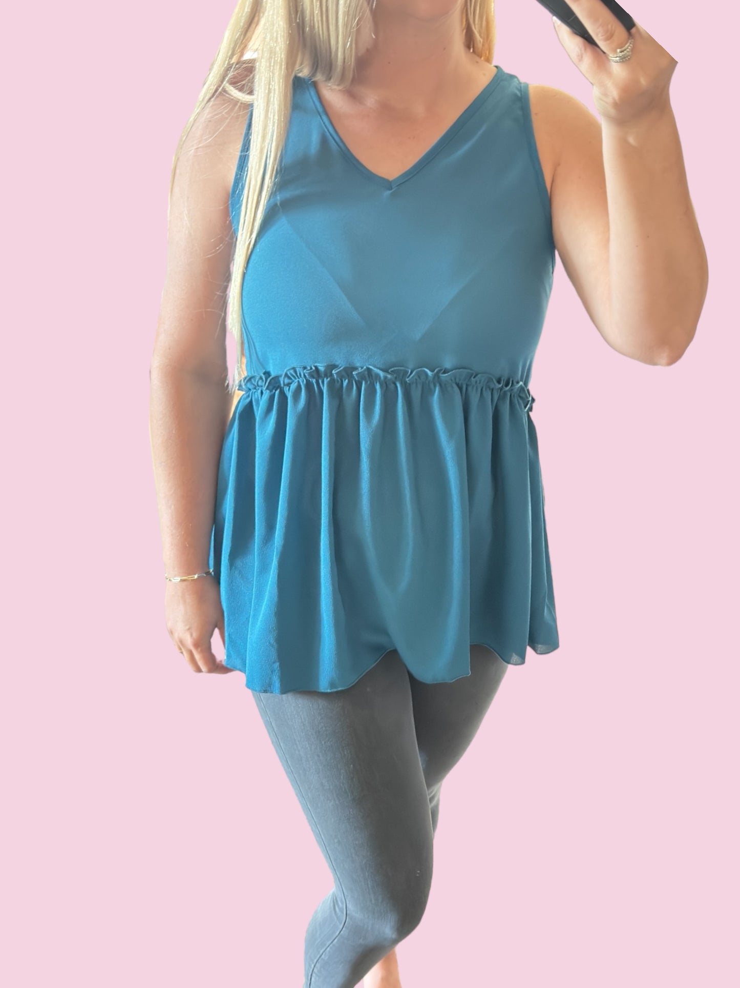 Blue V-Neck Ruffle Tunic