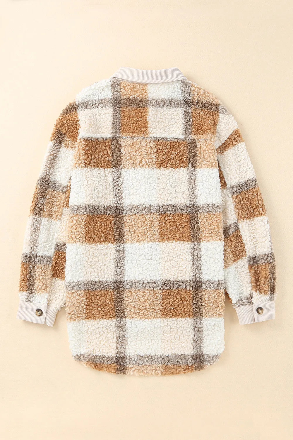 Brown Plaid Pocketed Teddy Jacket