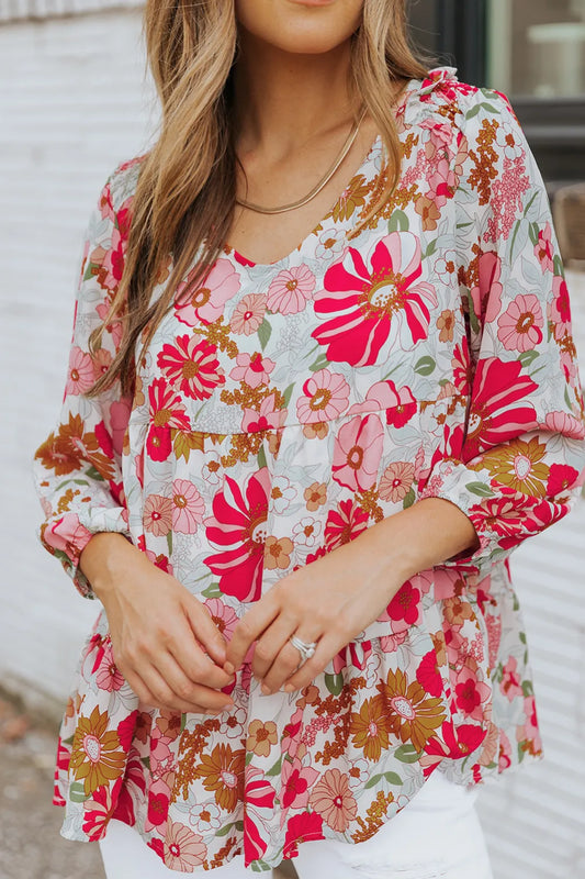 Floral Print Ruched V Neck Babydoll Blouse