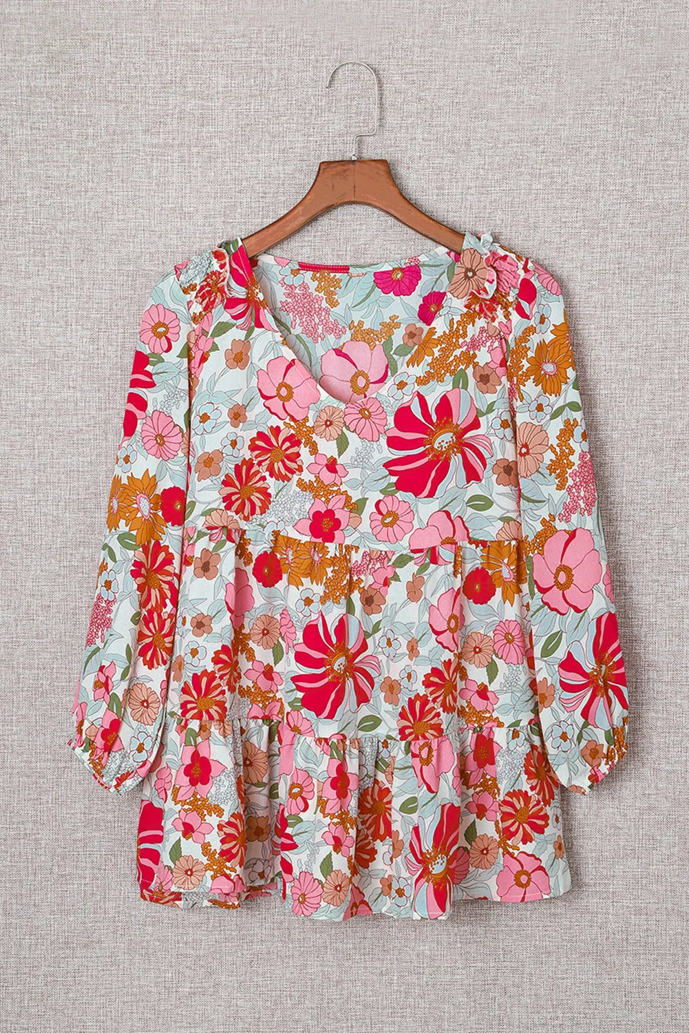 Floral Print Ruched V Neck Babydoll Blouse