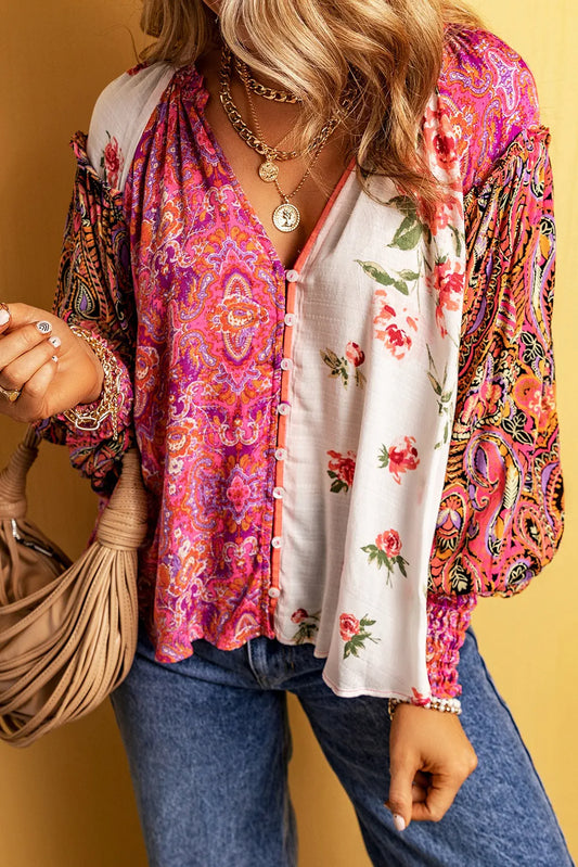 Floral Patchwork Shirred Cuff Buttoned V Neck