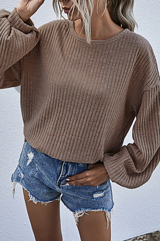 Khaki Drop Shoulder Bubble Sleeve Ribbed Knit Top