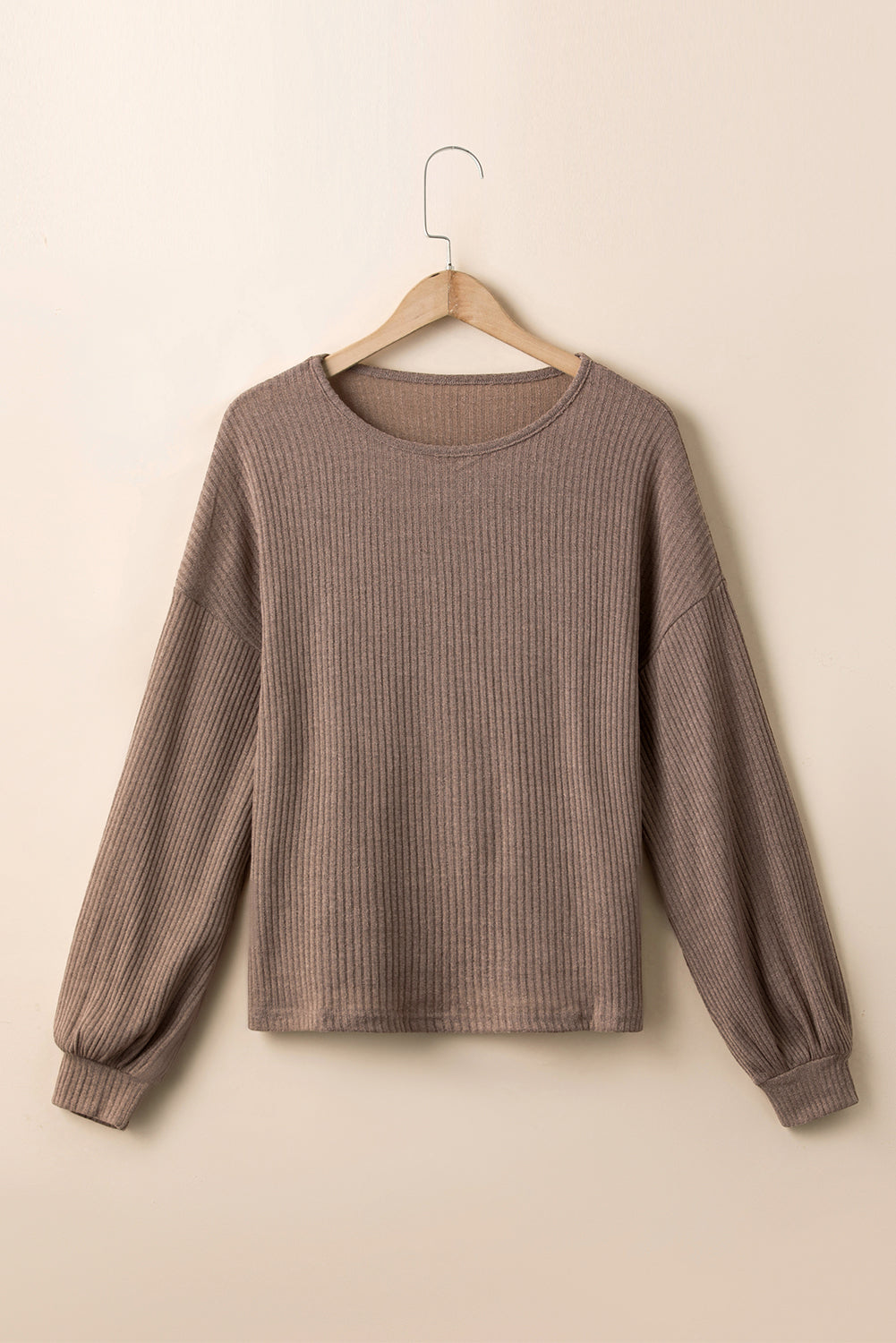 Khaki Drop Shoulder Bubble Sleeve Ribbed Knit Top