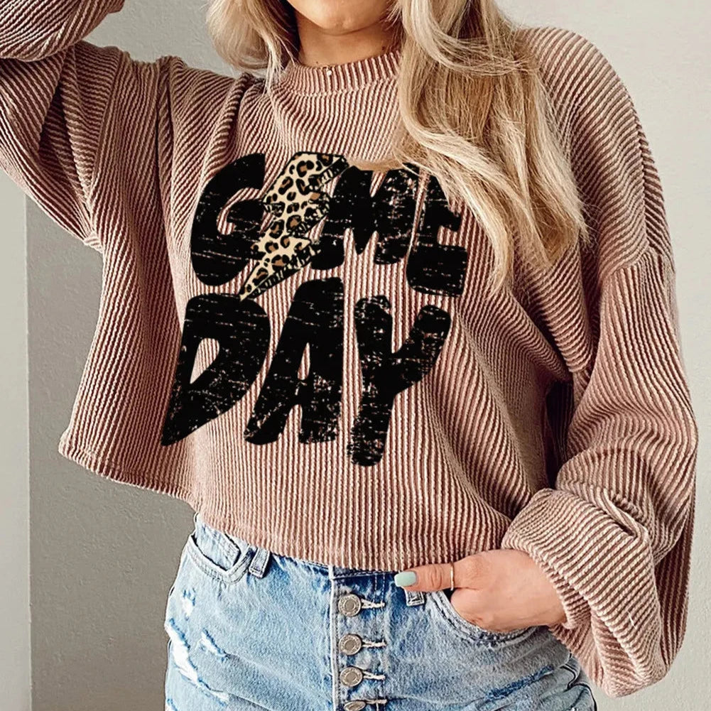 Khaki Game Day Graphic Crop Corded Knit Top