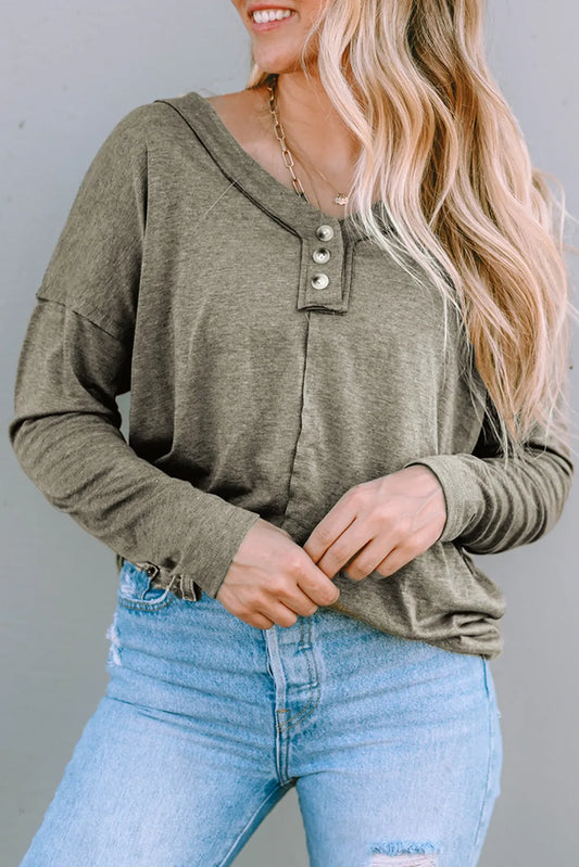 Khaki Long Sleeve V-Neck Stitching Henley Top