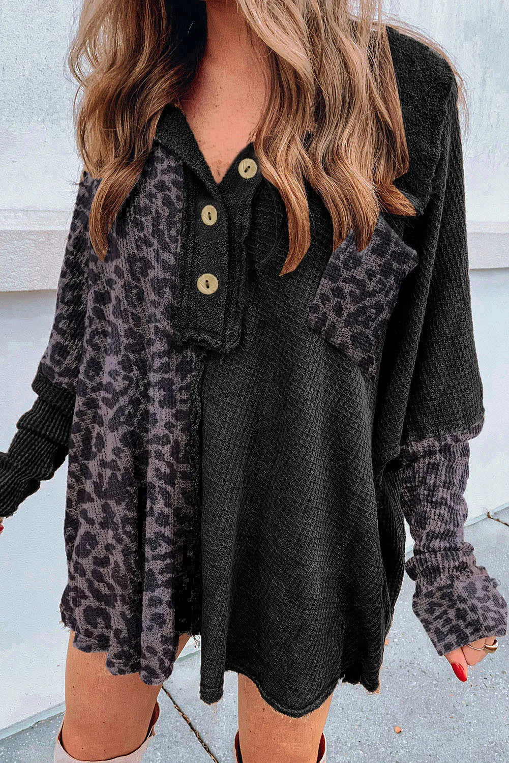 Black Leopard Patchwork Waffle Knit Oversized Blouse