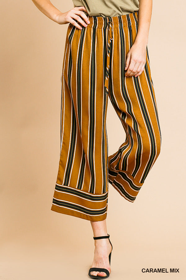 Umgee- High Waist Striped Pants with Elastic Waist and Drawstring