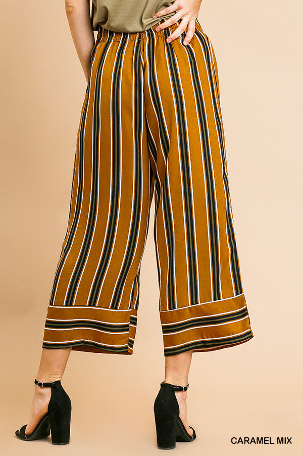 Umgee- High Waist Striped Pants with Elastic Waist and Drawstring