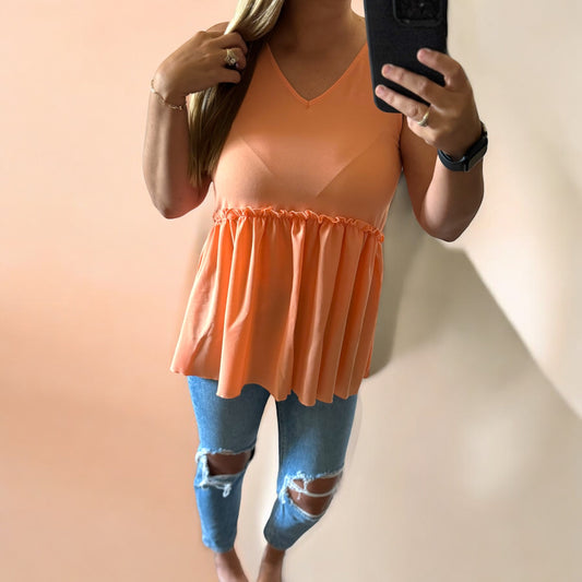 Peach V-Neck Ruffle Tunic