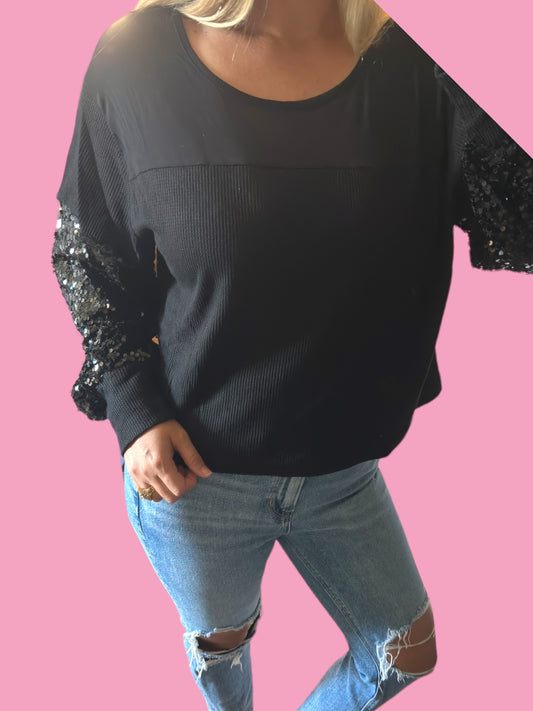 Black Waffle Knit Top with Mesh and Sequin