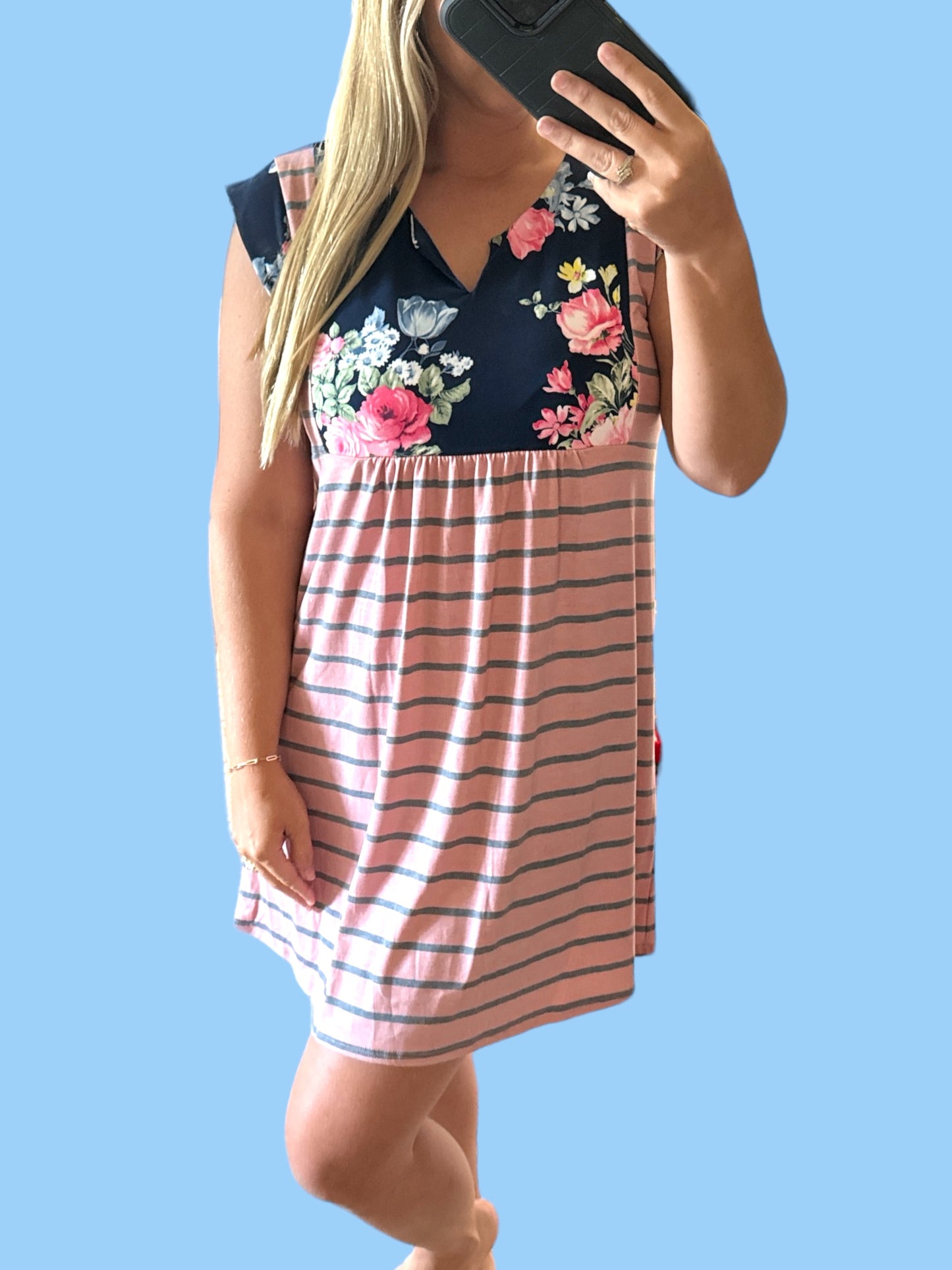 Pink Floral & Striped Yoke Babydoll Dress