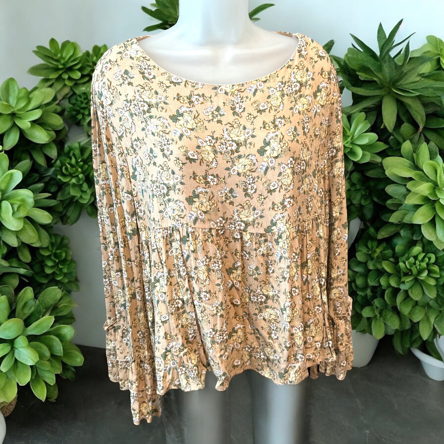 Tan Floral Bell Sleeve Top