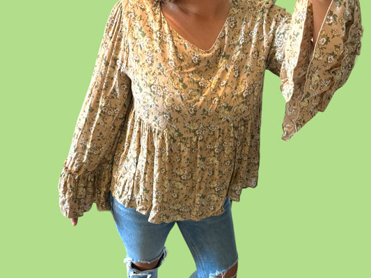 Tan Floral Bell Sleeve Top