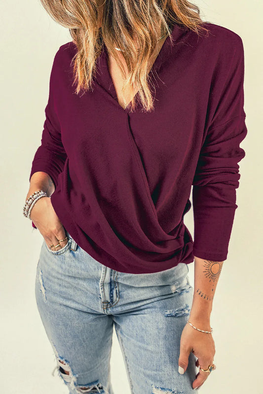 V-Neck Wrap Front Twist Hem Long Sleeve Top