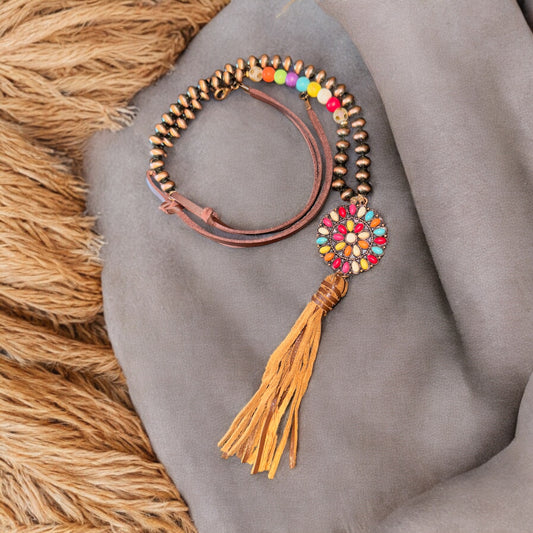 Wild West Rainbow Blossom Tassel on Copper Pearl Necklace