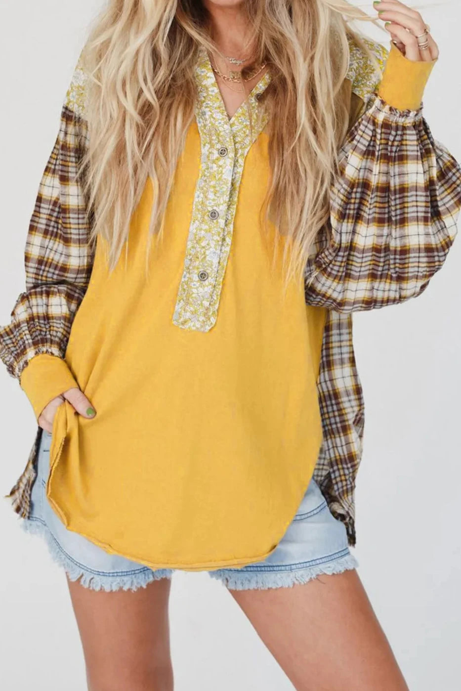 Yellow Floral Plaid Sleeve Patchwork Top