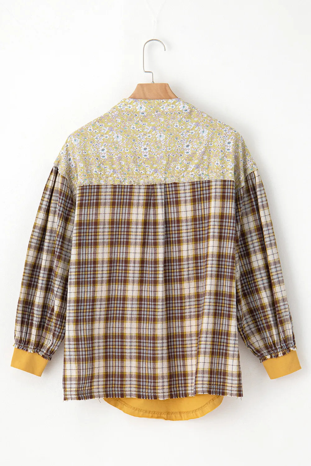 Yellow Floral Plaid Sleeve Patchwork Top