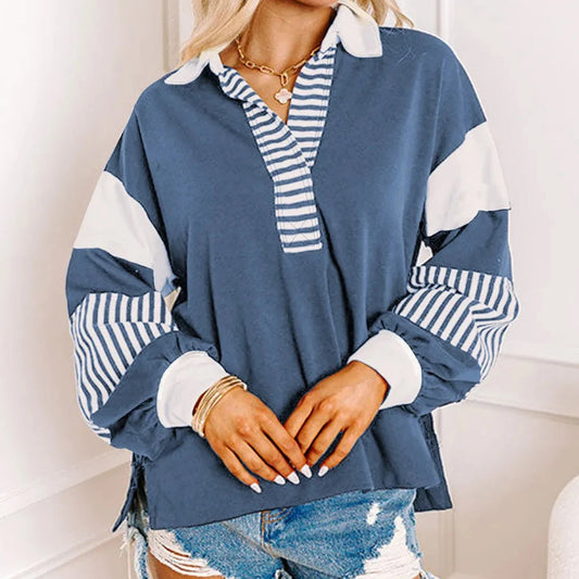 Blue Striped Colorblock Patchwork Collar Sweatshirt