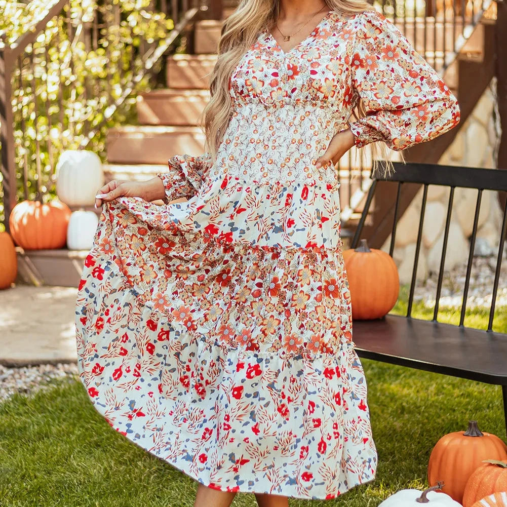 Floral Print Ruffled Tiered Long Sleeve V Neck Mid Dress